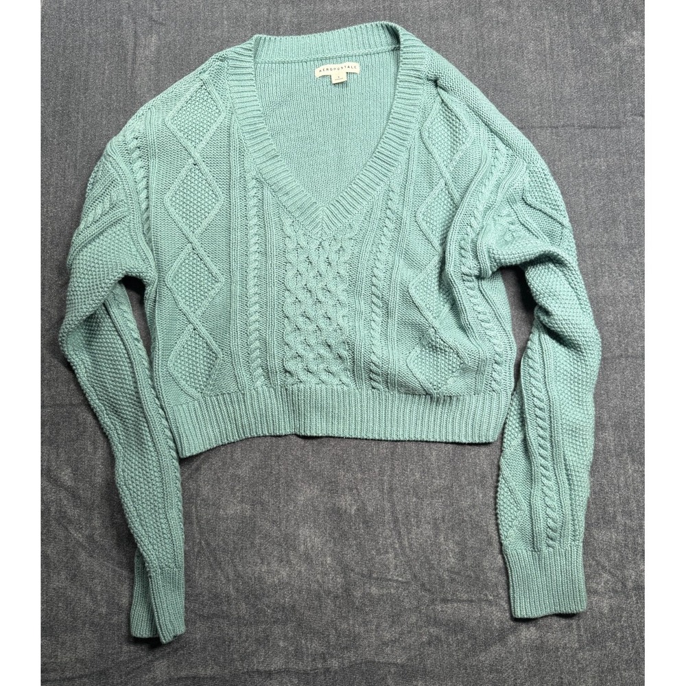 Aeropostale Women’s Small Cropped Knit Sweater Mint Green V Neck Long Sleeve